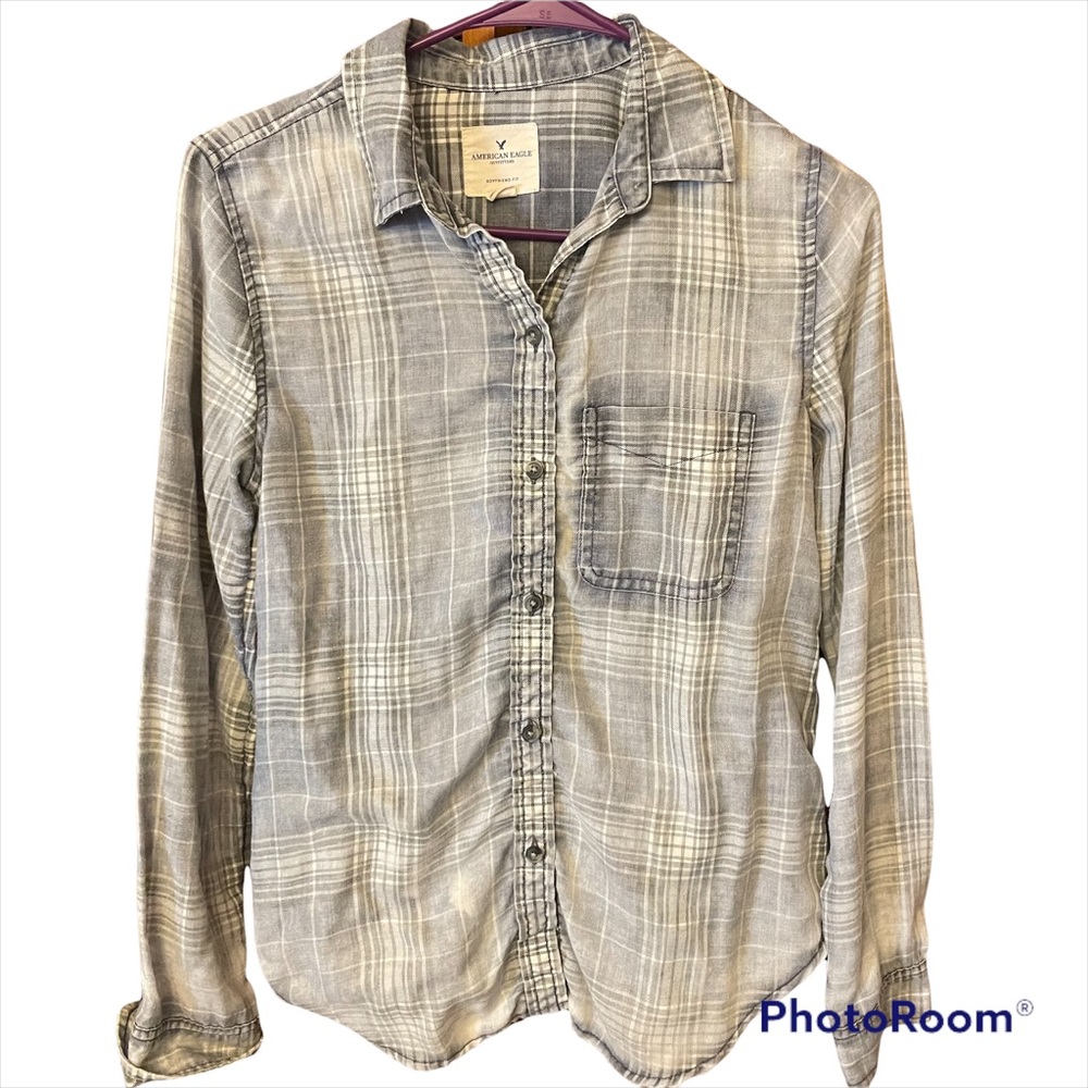 American Eagle Front Pocket Washed Out Button Up Flannel Boyfriend Fit Size XS